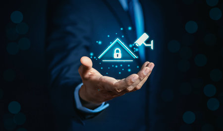 Businessman holding Smart home virtual icon safety technology eco-system wireless control internet...