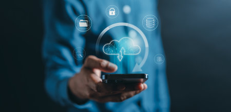 Businessman using smart phone cloud computing to download and loading data information and upload on...