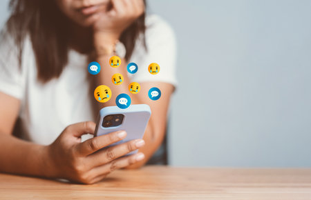 Woman using social media and digital online, woman comment negative emotion, sad on content. concept of living on vacation and playing social media. online marketing, technology network concept.の写真素材