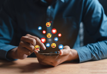 Man using social media and digital online, man using smart phone with Social media. concept of living on vacation and playing social media. online marketing, technology network concept.の写真素材
