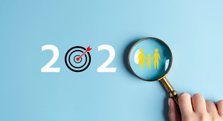 Happiness family on 2023 year concept. Magnifier focus to family icon. happy to next year from end...