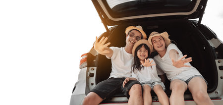 Family with Car travel driving road trip summer vacation in car in the sunset, Dad, mom and daughter happy traveling enjoy holidays and relaxation together get the atmosphere and go to destinationの写真素材