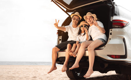 Family with Car travel driving road trip summer vacation in car in the sunset, Dad, mom and daughter...