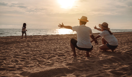 Happy asian family enjoy the sea beach at consisting father, mother and daughter having fun playing beach in summer vacation on the ocean beach. Happy family with vacations time lifestyle concept.の写真素材