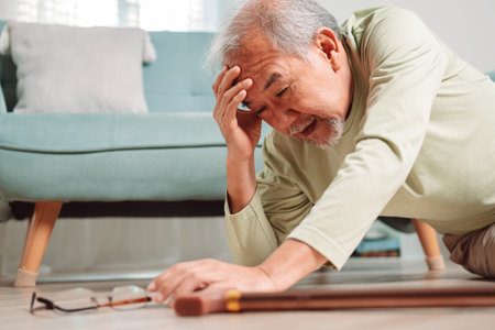 Asian senior man falling on the ground with walker in living room at home. Elderly older mature male having an accident headache for emergency help support from hospital. Insurance health care.の写真素材
