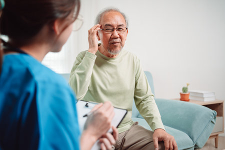 Asian caregiver talking senior male patient checkup in living room at home. Older elderly man consults after physical therapy. Nurse assistance rescue concept.の写真素材