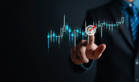Business target planning and strategy, Stock market, Business growth, progress or success concept. Businessman or trader is showing a growing virtual hologram stock, invest in tradingの写真素材