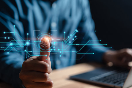 Futuristic digital processing of biometric identification fingerprint scanner. concept of surveillance and security scanning of digital programs cyber futuristic applicationsの写真素材