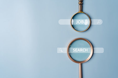 Magnifier to search for new jobs online from new graduate recruitment sites. recruiting with online technology. unemployment finding job search for resume register job interview, find your careerの写真素材