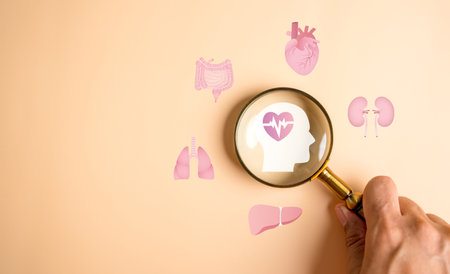 Medical check up and organ health concept. Medical wellness research with patient examination. Magnifier focus to human pulse icon, Responsible body care and disease prevention, Health check tretmentの写真素材