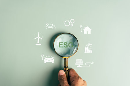 ESG Environmental, environmental, social, and governance in sustainable and ethical business on the Network connection, Magnifier focus to Earth ESG icon for develop green energy concept.の写真素材