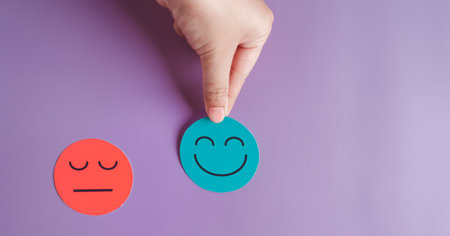 Hand selected happy smiley face paper cut, good feedback rating and positive customer review, experience, satisfaction survey ,mental health positive life concept.の写真素材