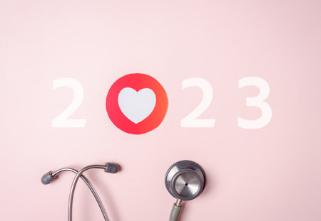2023 Red heart icon and stethoscope, heart health, health insurance concept, new year resolutions...