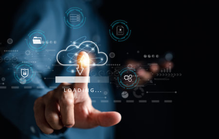 Cloud computing diagram digital technology, business people touching on Cloud system. Data storage....