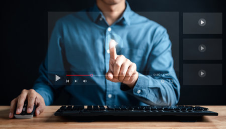 E-learning online class on virtual screen, watching video on internet, webinar online, education on...