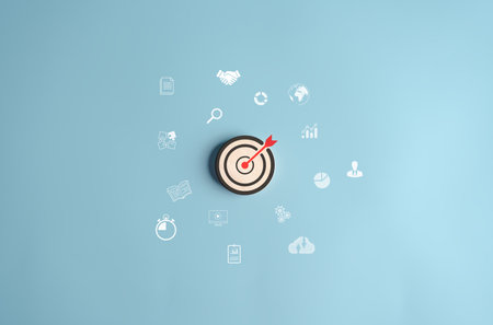 Aiming target dashboard on wooden circle for planning development leadership and customer target...