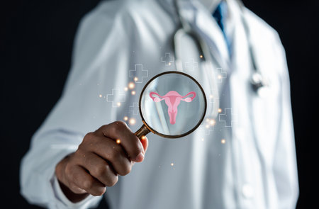 doctor in a white coat holding virtual uterus reproductive system , woman health, PCOS, ovary gynecologic and cervix cancer, Healthy feminine conceptの写真素材