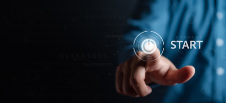 Businessman touching start button for strategy and action plan, targeting the business, investment...