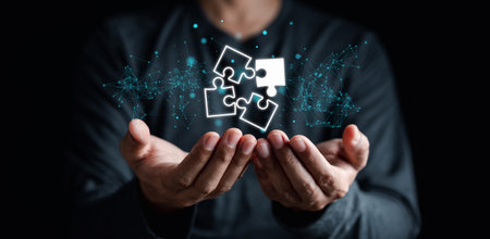 Businessman holding jigsaw puzzle virtual icon, Business solutions, target, success, goals and...