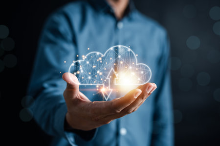 Cloud computing diagram digital technology, business people holding on Cloud system. Data storage....
