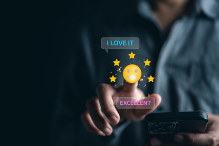 Customer Experiences of man give smile face, Client's Satisfaction Surveys on smartphone feedback review concept. Customer service experience and business satisfaction.の写真素材