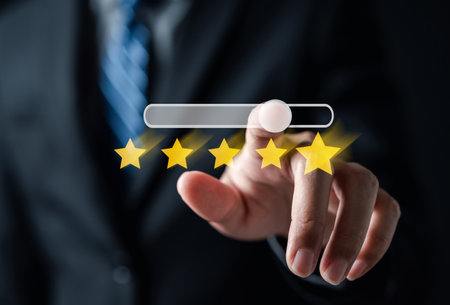 Customer Experiences giving five stars opinion review, Client's Satisfaction Surveys on smartphone...