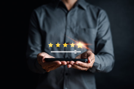 Customer Experiences giving five stars opinion review, Client's Satisfaction Surveys on smartphone feedback review concept. Customer service experience and business satisfaction.の写真素材