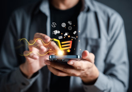 Shopping online payment concept. Man hand using smart phone with cart delivery icon, banking and online shopping via banking mobile app, E-transaction and financial technology.の写真素材