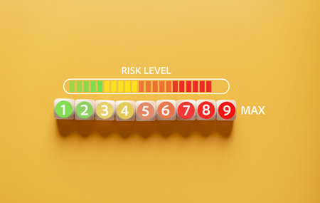 Risk Of Business decision making and risk analysis. Measuring level bar on wooden cube block, Risky...