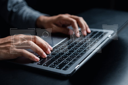 E-learning graduate certificate program. man using computer education, Internet education course...