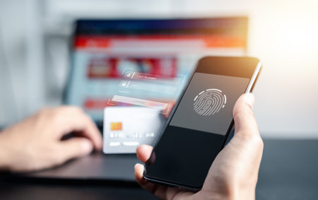 Shopping online payment E-commerce concept. Man hand using smart phone key card number on credit...