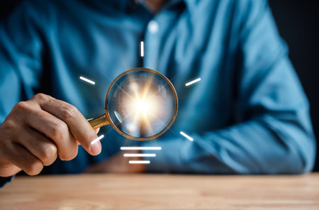 Businessman holding magnifier focus to light bulb icon. mind, creative, idea, innovation, motivation planning development leadership and customer. planing project with new creative concept.の写真素材