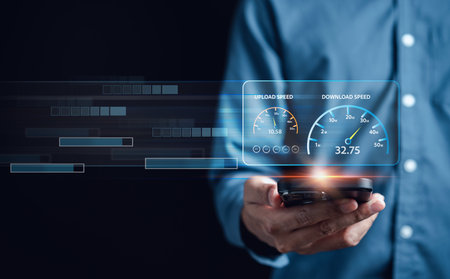 Fast internet connection speedtest bandwidth network technology, Man using Internet high speed by smartphone 5G quality, speed optimization.の写真素材