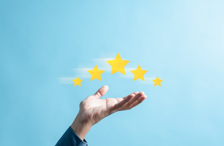 Customer showing five star on hand, Customer satisfaction feedback review concept. Customer online...