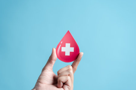 hands holding blood drop paper cut, blood transfusion, world blood donor day, red cross to give blood.world hemophilia day conceptの写真素材