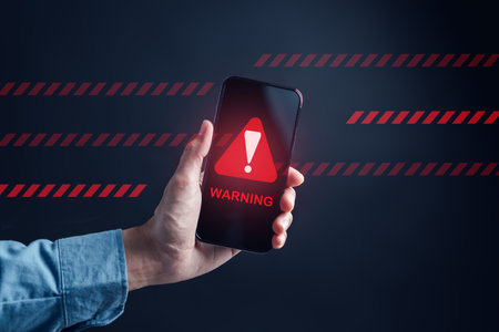 System warning caution sign on smartphone, scam virus attack on firewall for notification error and maintenance. Network security vulnerability, data breach, illegal connection and information danger.の写真素材