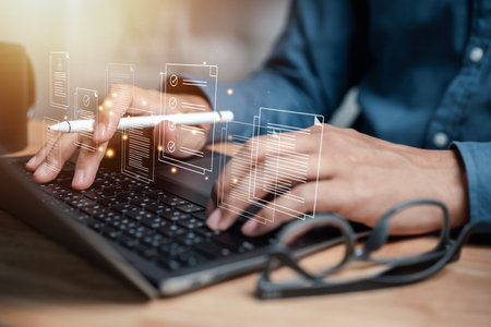Document Management System, online documentation database and process automation to efficiently manage files, knowledge and documentation in enterprise with ERP. Corporate business technology, DMSの写真素材