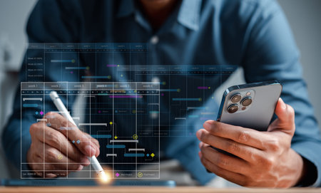 Analyst working with computer in Business Analytics and Data Management System to make report with KPI and metrics connected to database. Corporate strategy for finance, operations, sales, marketing.の写真素材