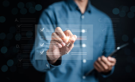 E-learning online class on virtual screen, tick mark on internet choice, webinar online, education on internet, e-learning, learning online with webinar, video tutorialの写真素材