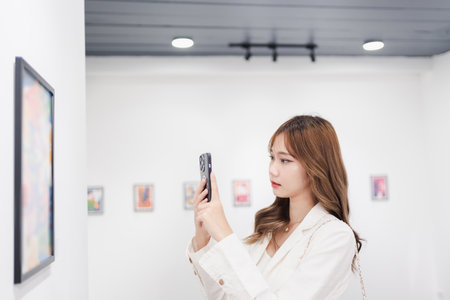 Woman visiting art gallery her looking pictures on wall watching photo frame painting at artwork museum people lifestyle concept.の写真素材