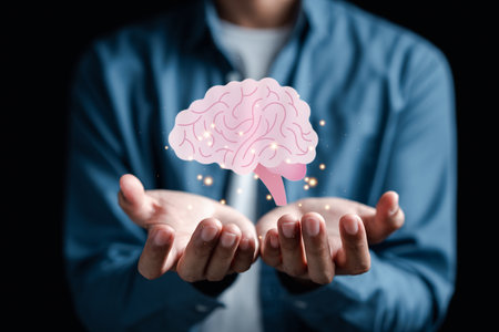 Hand holding virtual human brain icon, idea creative intelligence thinking or Awareness of Alzheimer, Parkinson's disease, dementia, stroke, seizure or mental health. Neurology and Psychology care.の写真素材