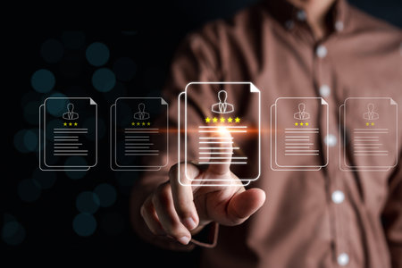 Customer review satisfaction feedback survey concept, User give rating to service experience on online application, Customer can evaluate quality of service leading to reputation ranking of business.の写真素材