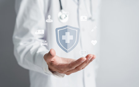 Doctor hand holding plus sign to offer positive thing of insurance and assurance concept. plus and healthcare medical icon, health and access to welfare health.の写真素材