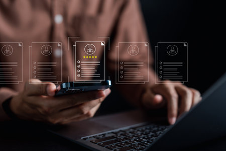 Customer review satisfaction feedback survey concept, User give rating to service experience on online application, Customer can evaluate quality of service leading to reputation ranking of business.の写真素材