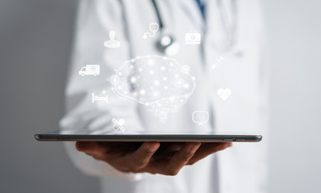 Doctor holding virtual human brain with ai artificial brain technology, idea creative intelligence thinking or Awareness or mental health care in futuristic.の写真素材