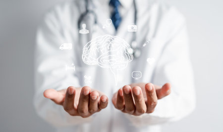 Doctor holding virtual human brain, idea creative intelligence thinking or Awareness of Alzheimer,...