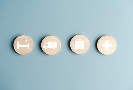 Health insurance concept. health care icon on wooden block, health and access to welfare concept.の写真素材