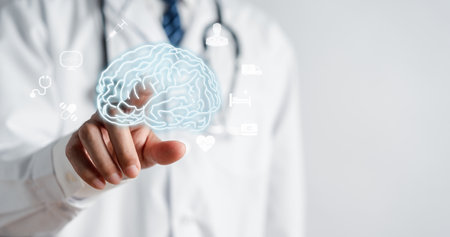 Doctor holding virtual human brain, idea creative intelligence thinking or Awareness of Alzheimer, Parkinson's disease, dementia, stroke, seizure or mental health. Neurology and Psychology care.の写真素材