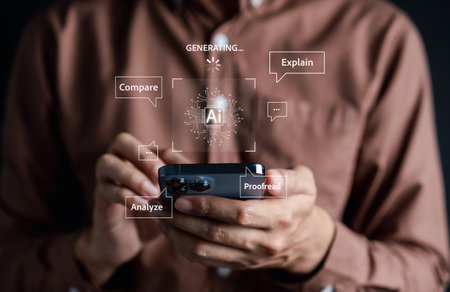 Businessman using chat bot intelligence Ai. Chat with AI Artificial Intelligence, developed by...