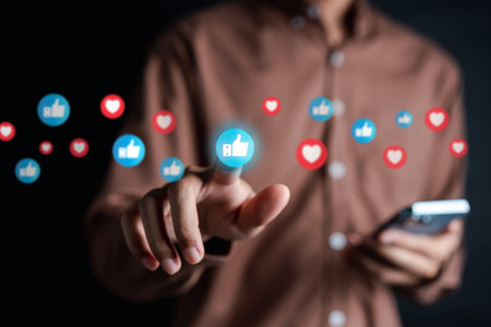 Social media and digital online, Man using smart phone with Social media. concept of living on vacation and playing social media. online marketing, technology network data link tech connection global.の写真素材